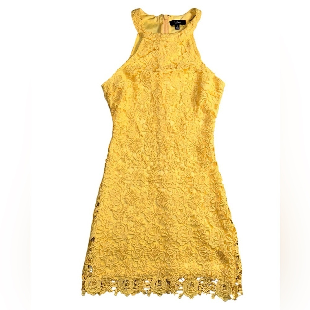 Lulus Love Poem Yellow Lace Mini Halter Dress Size Small Bodycon Preppy Summer